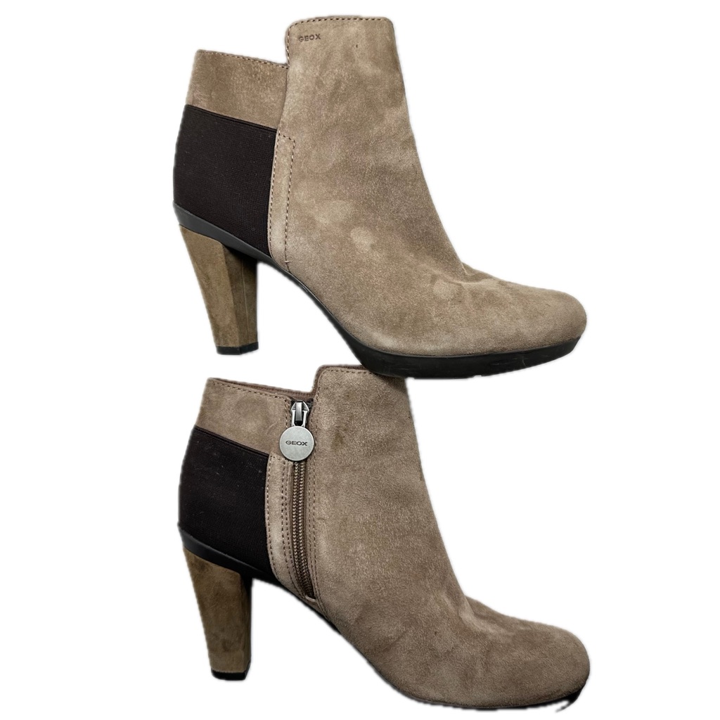 Geox Respira Tan Suede Ankle Booties Textiled Gusset Heel Pointy Toes Eu 38 Us 8